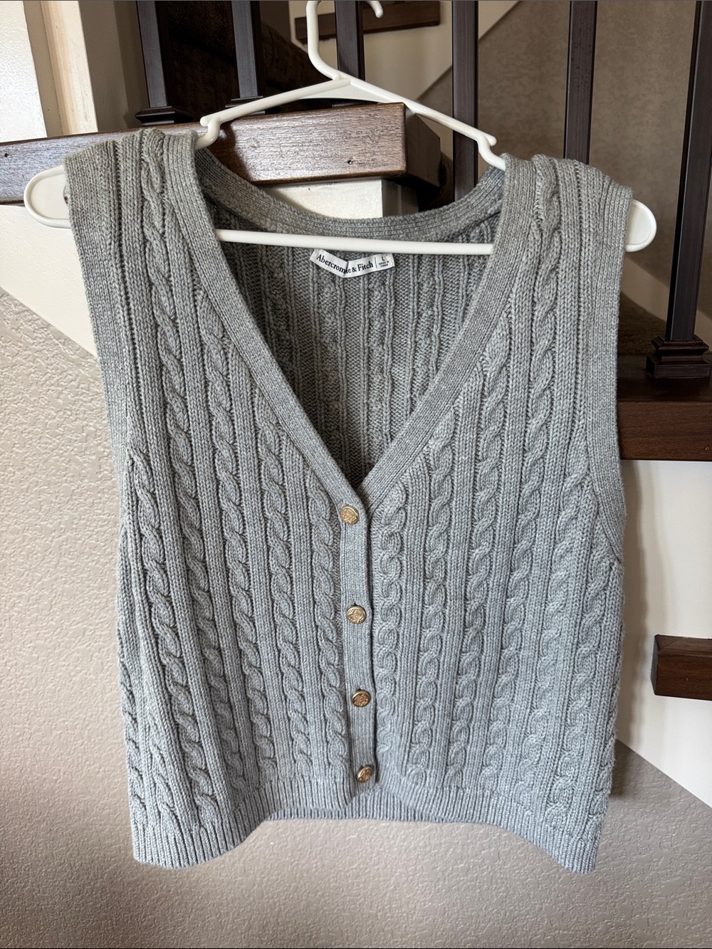 Abercrombie & Fitch Light Gray Cable-Knit Button Vest